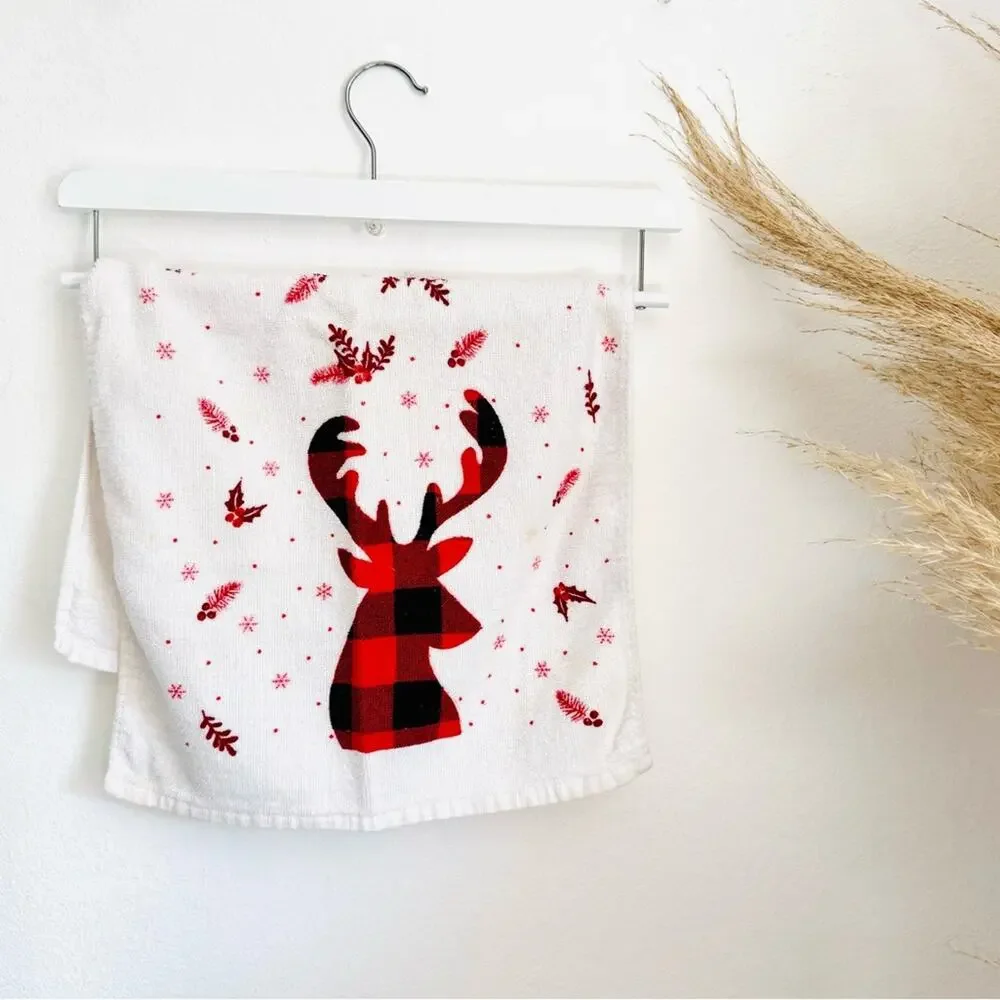 2 Cherry Red White Plaid Deer Grey Gray Dog Scarf Print Christmas Hand Towel Set